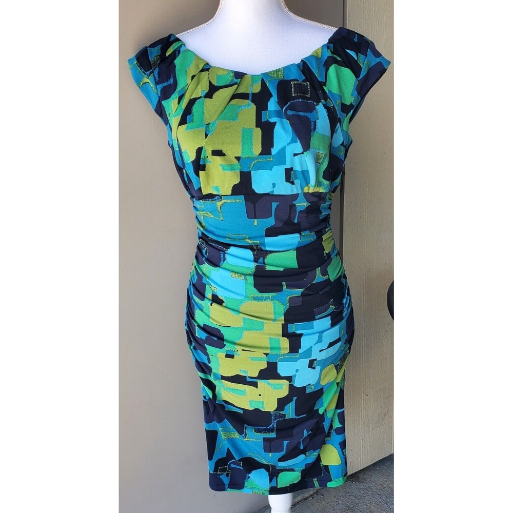 Jax Black Label Dress Womens 6 Blue Green Floral‎ Bodycon Mock-Neck Ladies
